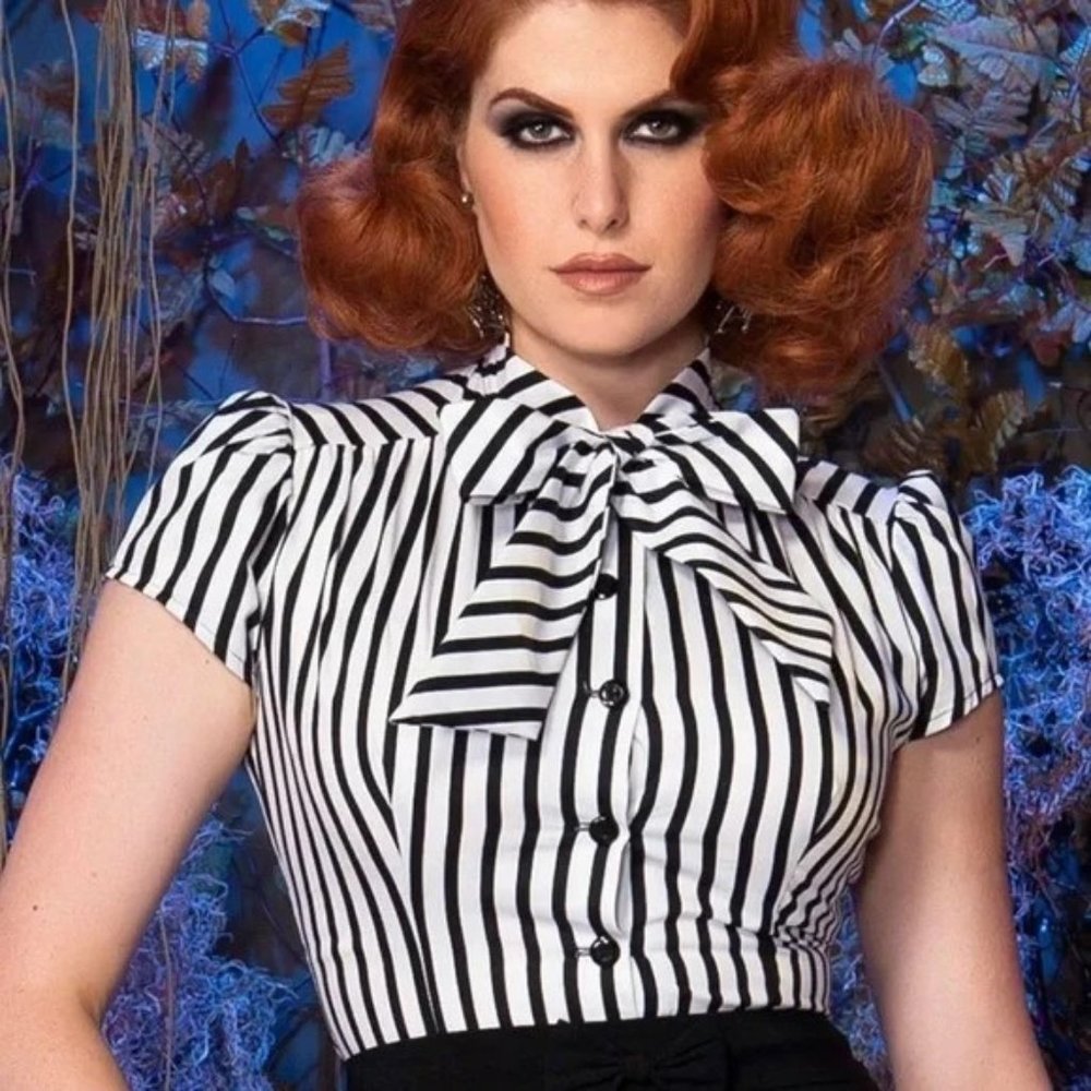 SOLD Heart of Haute black & white Halloween stripe "Estelle" pinup top